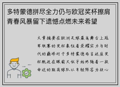 多特蒙德拼尽全力仍与欧冠奖杯擦肩青春风暴留下遗憾点燃未来希望